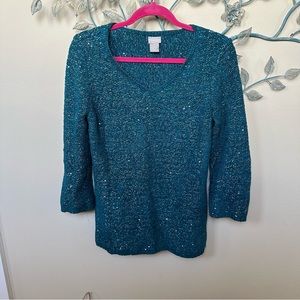 ❤️Chicos metallic silver and turquoise long sleeve V-neck sweater Sz 0